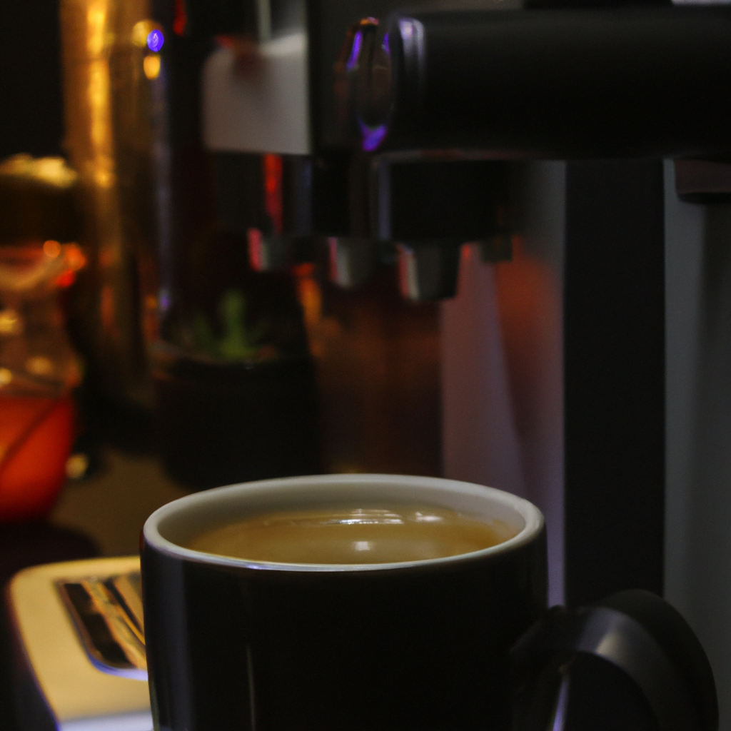 "- Una taza de café expresso recién preparado en primer plano - Una máquina de café expresso en segundo plano, enfocada pero desenfocada - Fondo oscuro y difuso para resaltar los colores del café y la máquina - Luz cálida y suave para crear un ambiente acogedor y atractivo - Objetivo de enfoque selectivo para destacar la taza de café y crear profundidad de campo."